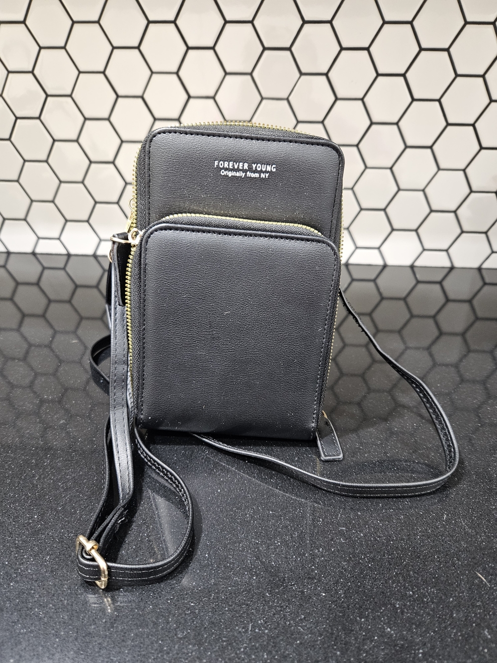 Forever Young Black Compact Crossbody Phone Pouch with Gold Zippers